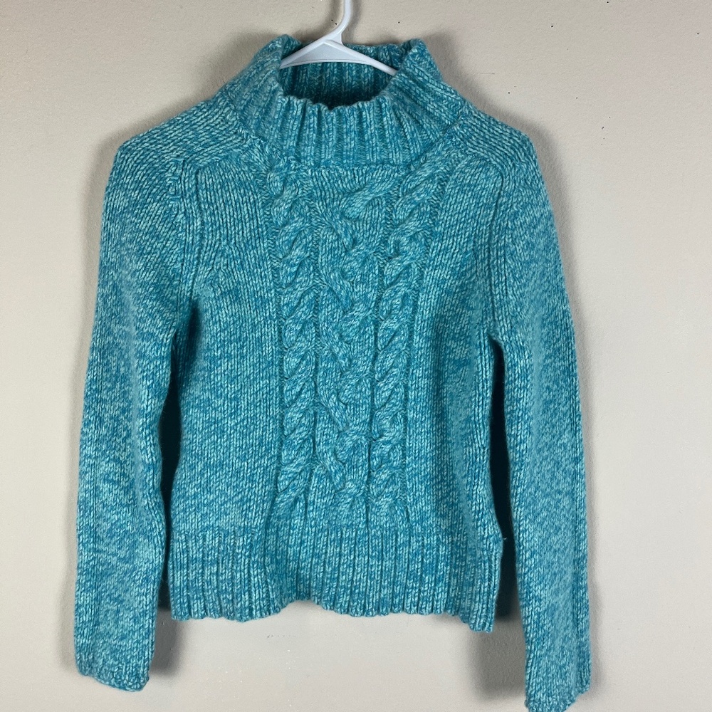 Express Women Cable Knit Sweater Sz L Wool Cashmere Blend Turtle Neck Blue Teal
